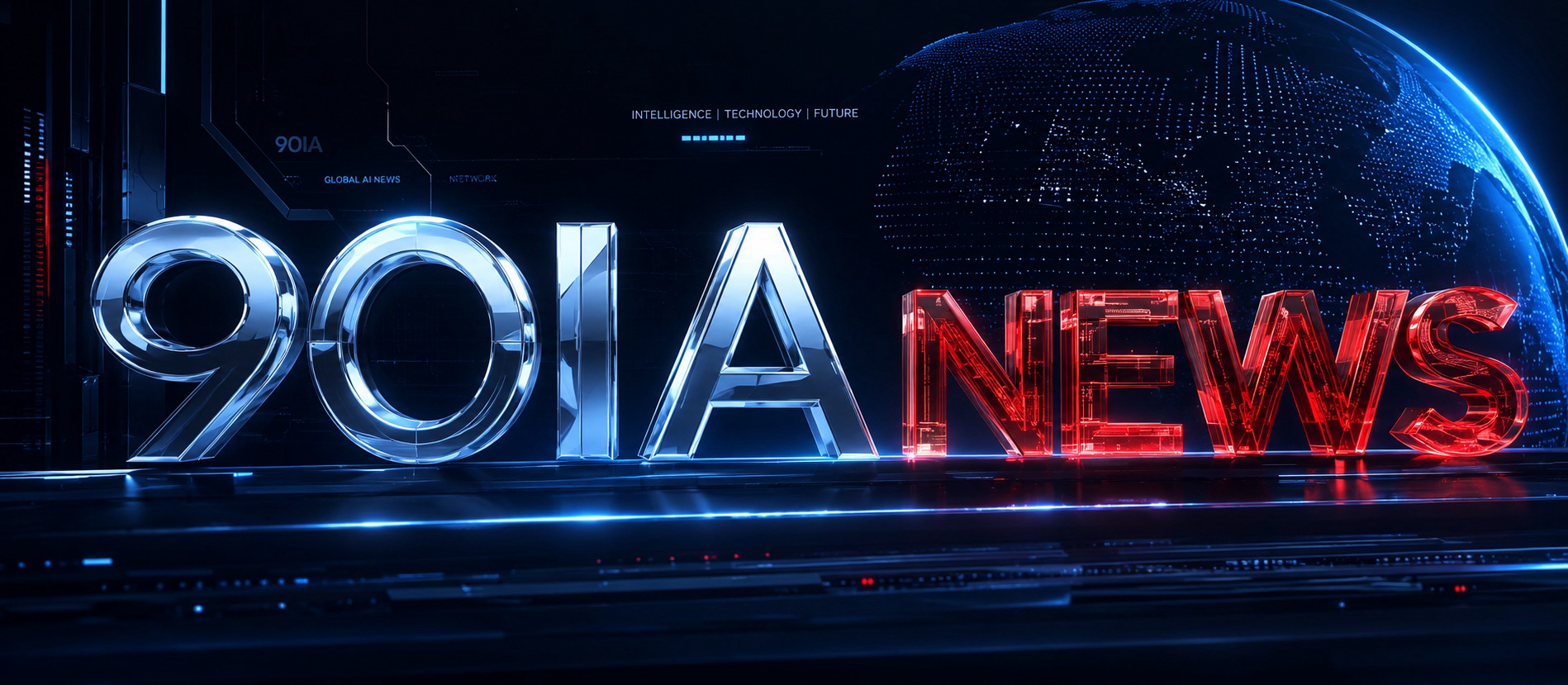 90IA News — logo 3D metálico y de cristal rojo junto a un globo digital de red global