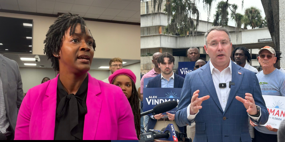 Candidatos Alex Vindman y Angie Nixon en campaña política en Florida.