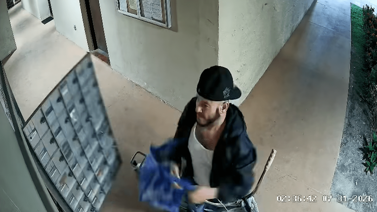 Captura de cámara de seguridad mostrando a un sospechoso en bicicleta robando correo.